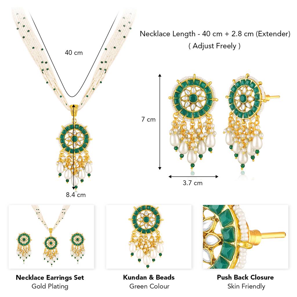 Gold Plated Kundan & Beads Studded Necklace With Dangle Earring Set Fashion Jewellery For Women : PF104N25G