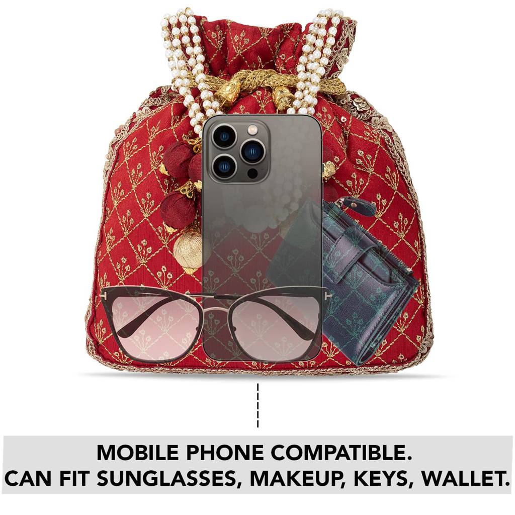 Zari Sequence Potli Bag For Women Stylish Handmade Wristlet Handbag Bridal Purse : P26R-C05G