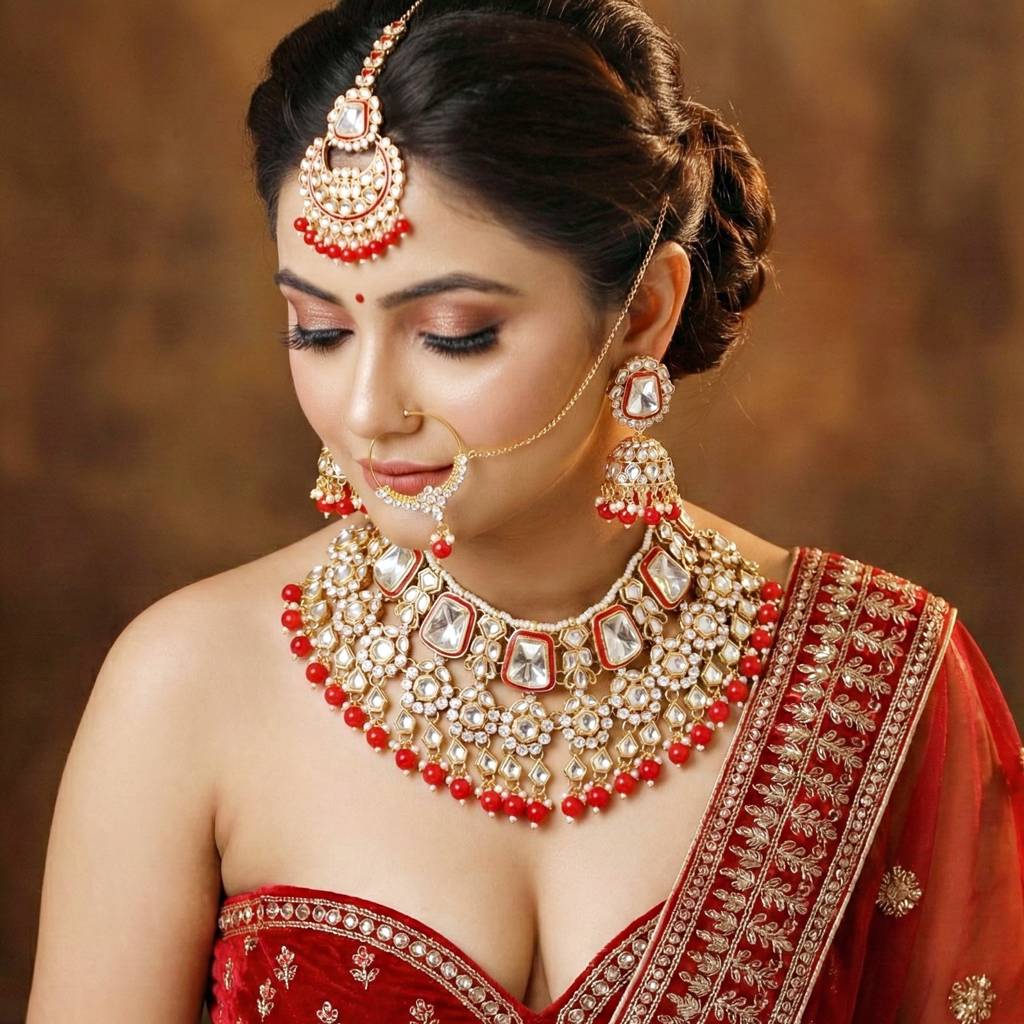 18 Kt Gold Plated Bridal & Semi-Bridal Necklace Set With Earrings, Maang Tikka & Nath : 2476-M8SK-1101-RED