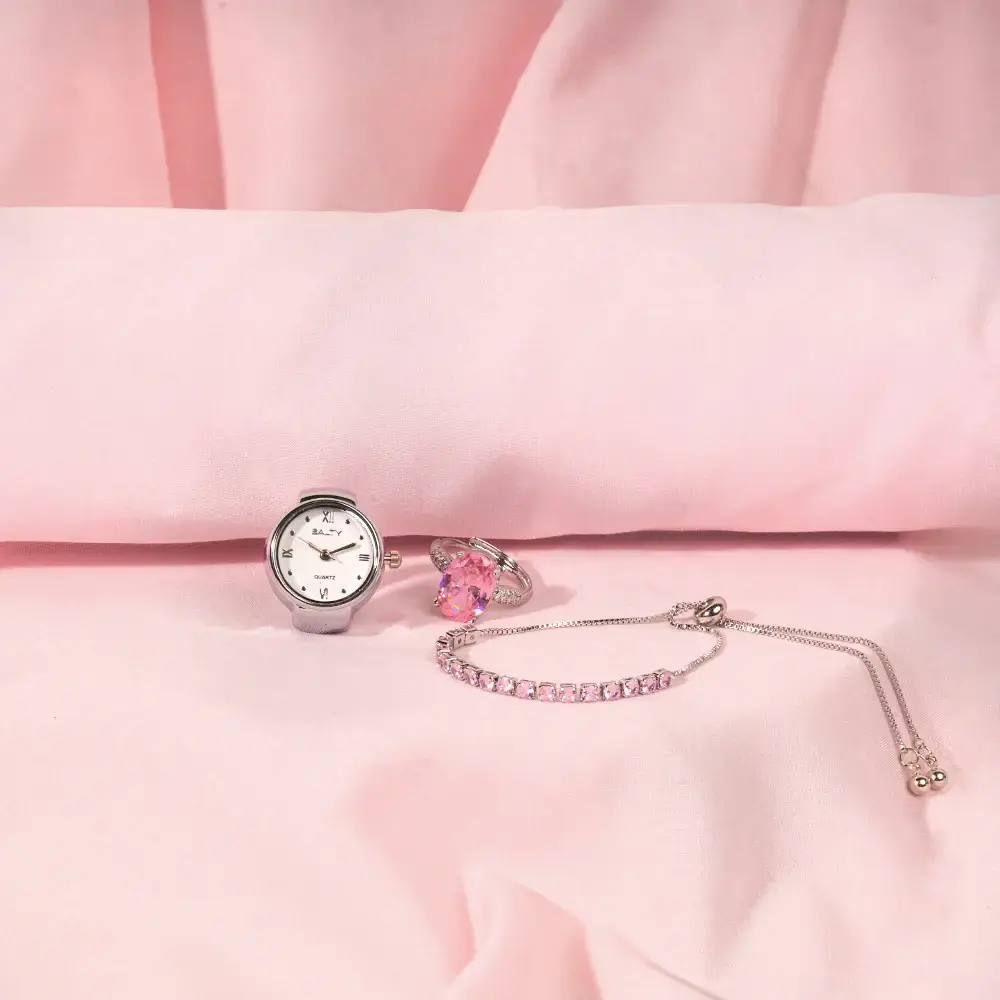 Maa, Every Moment Is Yours Radiance Oval Ring With Pink Tennis Bracelet & Girl Boss Salty Watch Ring Set F : WRNRC-271-S-PNK-1