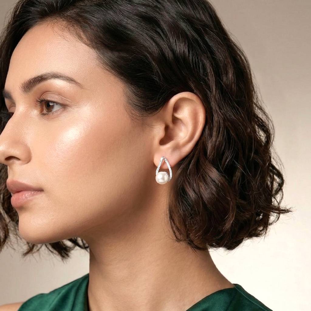 White Fancy Stud Earrings For Women & Girls | Silver Plated | Cubic Zirconia & Pearl Studded | Stylish Contemporar : PX9E3040W