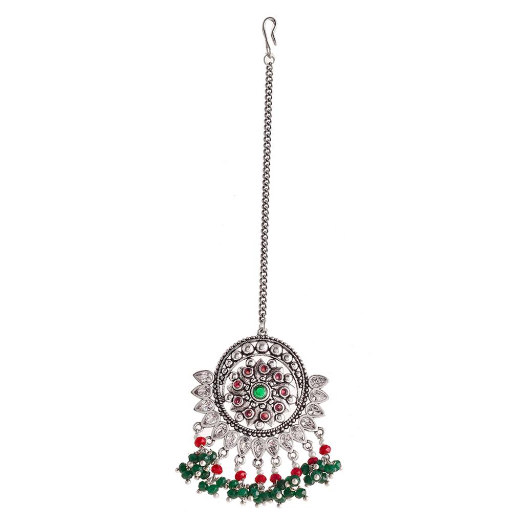 Abharan Ethnic White And Green Stones Maang Tika : 8905124493344