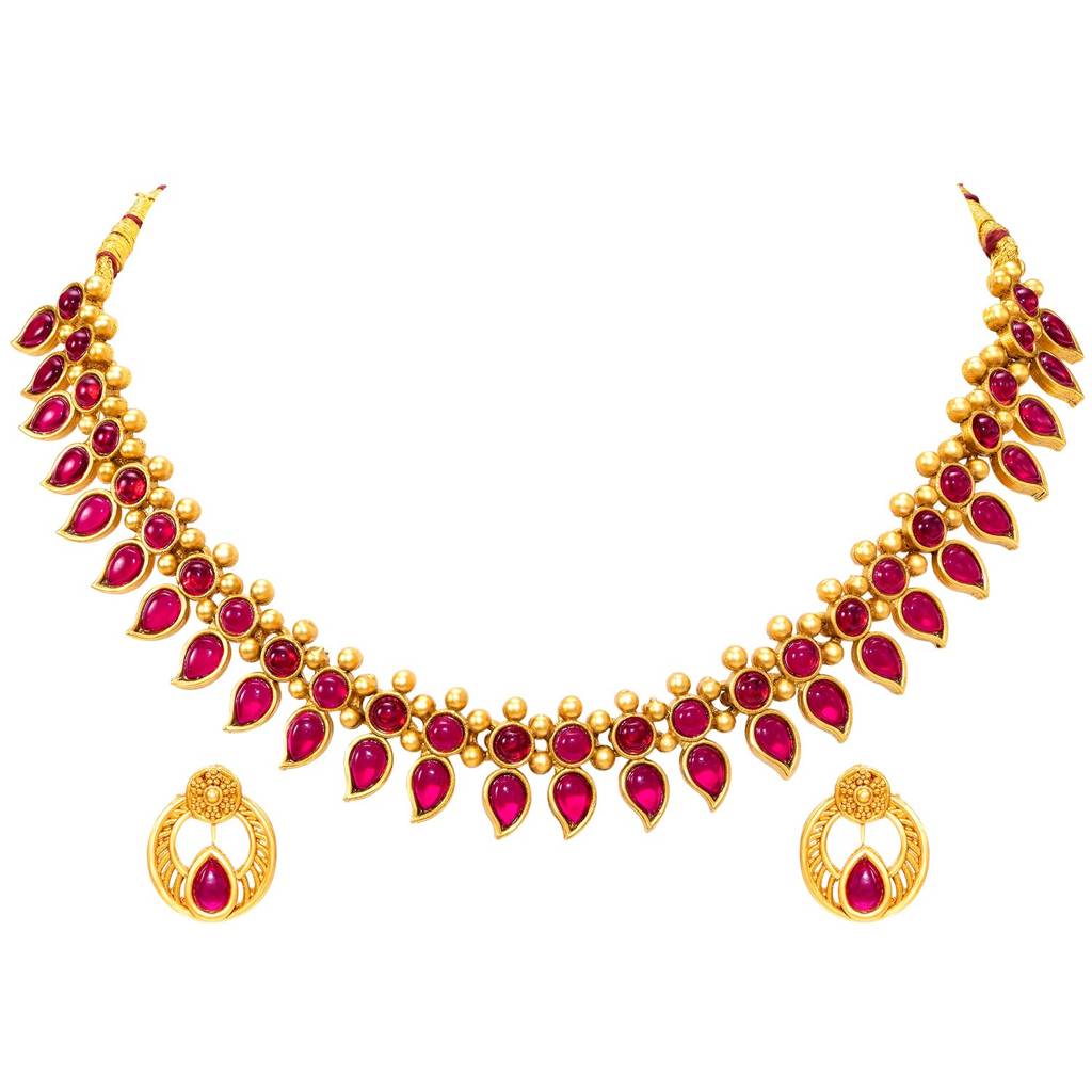Ethnic Rani Pink Necklace Earrings Set For Women & Girls | Gold Plated | Faux Ruby Studded | Festive Bridal Jewell : PF04N23RP