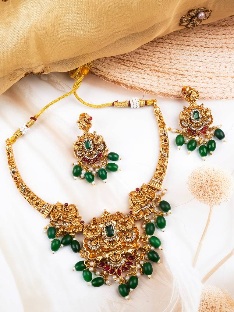 Classic South Indian Temple Golden Necklace Set : SATJS368GREEN