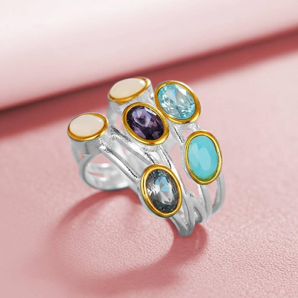 Silver Plated Multicolor Crystal Studded Stylish Finger Ring Contemporary Jewellery For Women & Girls : PX9R3025ML-7