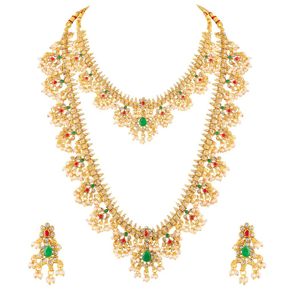 Gold Plated Faux Emerald Faux Ruby & Beads Studded Choker & Long Necklace Earrings Set Ethnic Bridal Jewellery F : PF47BR07RPG