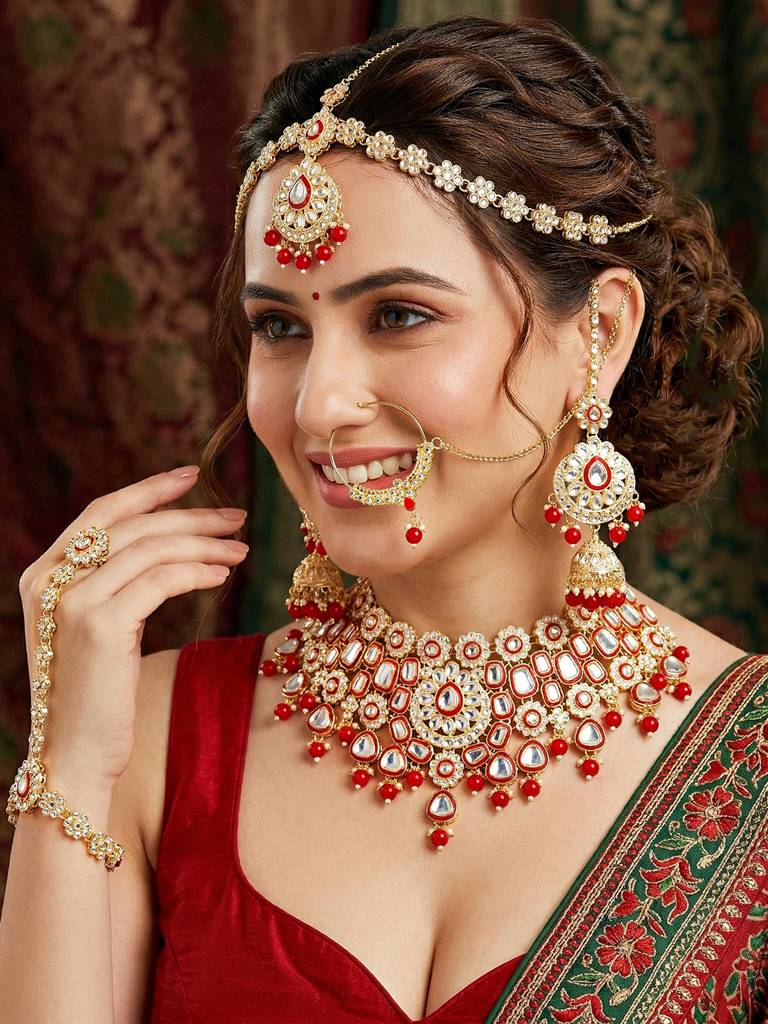 Bridal Kundan Jewellery Set With Hathphool & Nath : 2541-IZK-554-RED