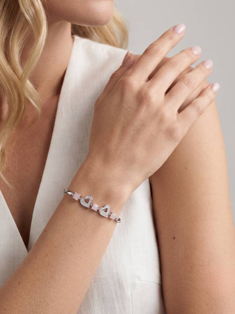 925 Silver Pink Crystal Double Heart Bracelet For Women : BR-52