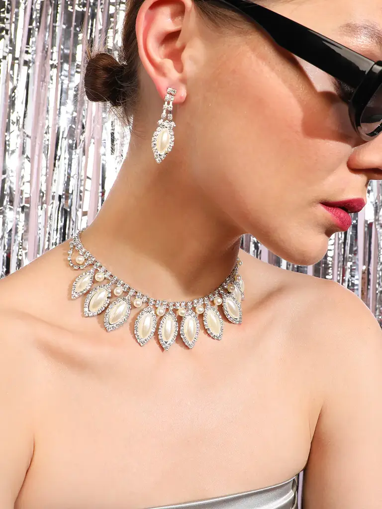 Taliyah-Silver Plated Designer Stone Party Necklace And Earring Set For Women : SOHNCK3016