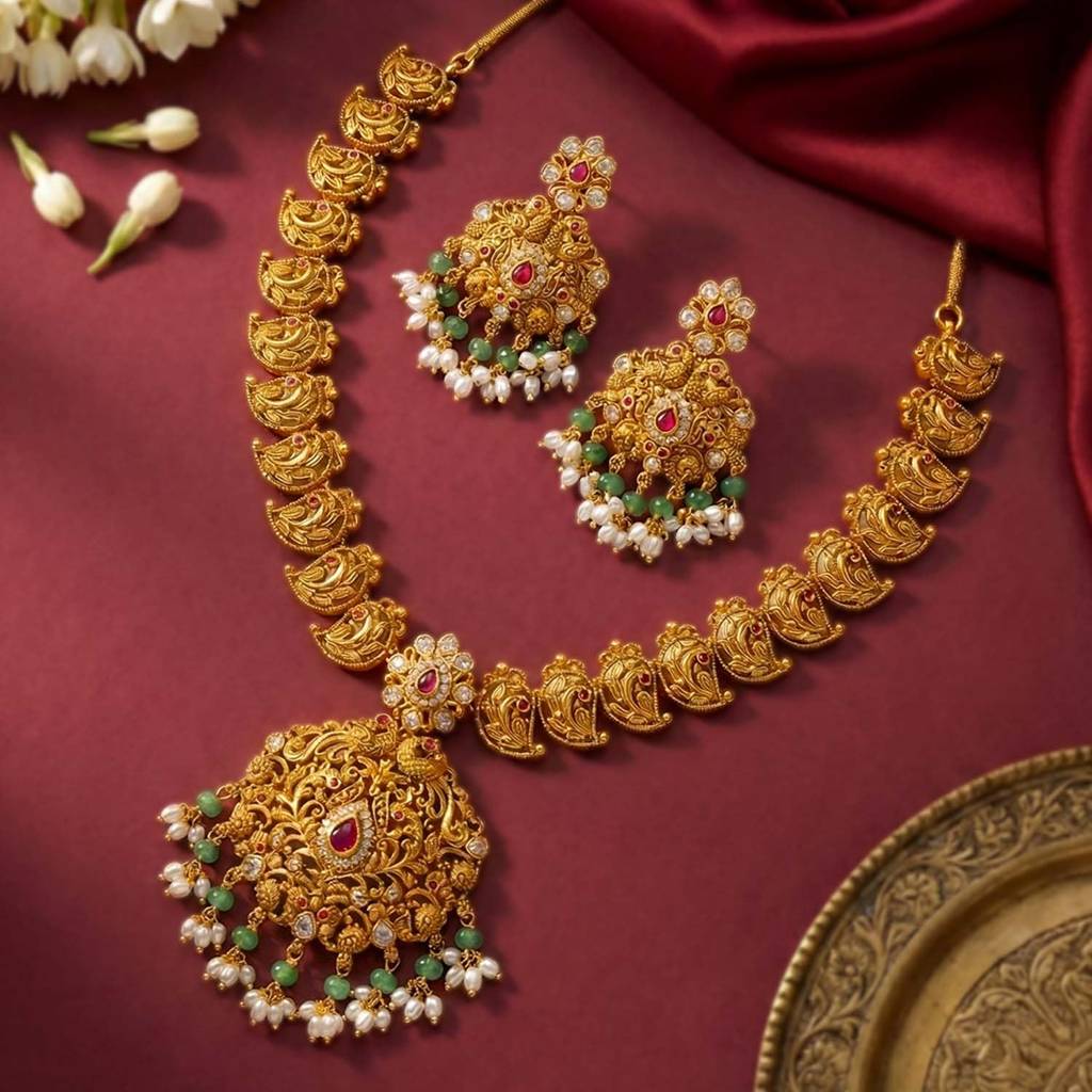 Gold Plated Cubic Zirconia Faux Ruby & Beads Studded Ethnic Necklace Earrings Set Jewellery Gift For Girls & Women : PF53N698RG