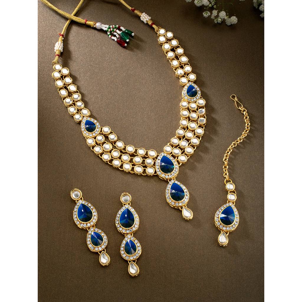 Peora Stones & Kundan Studded Traditional Necklace Jewellery Set Gift For Women : PF37NIJ315BL