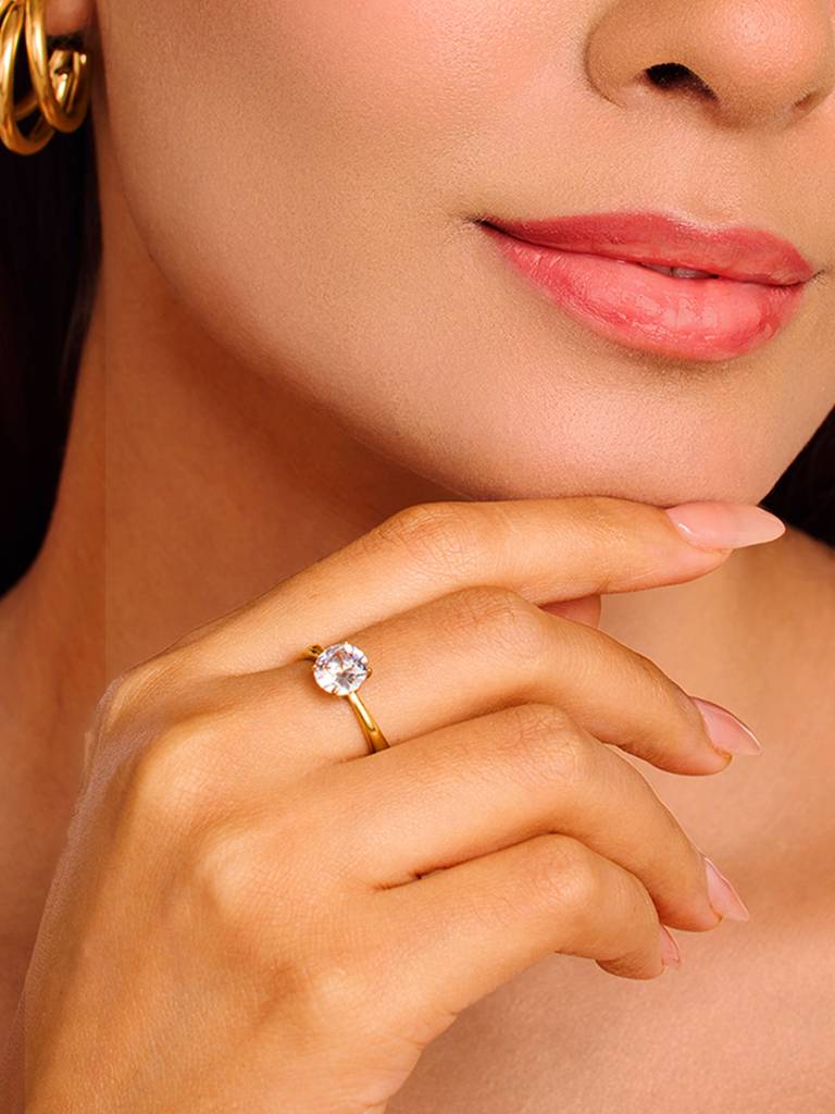 18K Gold Plated Solitaire Ring Stainless Steel Waterproof & Anti-Tarnish : R27ASSS6G