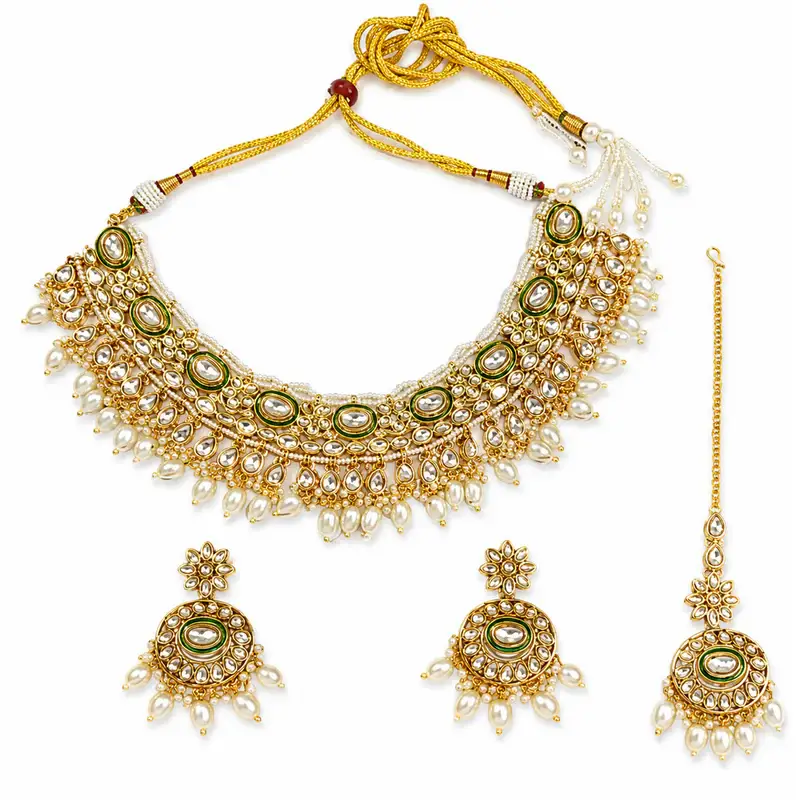 Royal Matte Finish Kundan Necklace Set | Pearl Drops | Floral Maangtikka Design : OSLFJ-016-IGWE-NKER