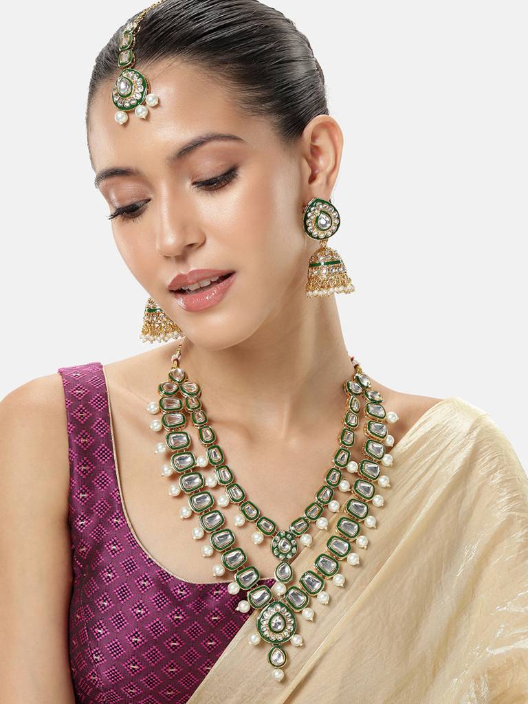 Women'S Gold Plated Ethnic Green Necklace Earrings Maangtikka Set Kundan & Beads Studded Festive Bridal Jewellery : PF27N670G