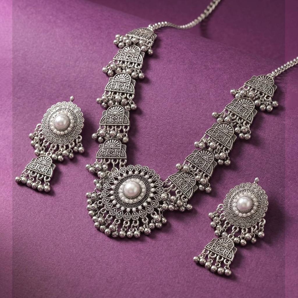 Ethnic Oxidised Necklace Earrings Set For Women & Girls Pearl & Beads Studded Festive Stylish Design Jewellery Gif : PX9N166OX