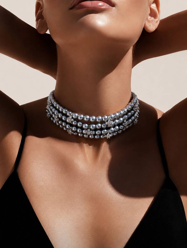 Anti Tarnish Grey Pearl Layered Choker Necklace Set With Earrings For Women | Grey Pearl Wedding, Party Wear & Fest : 500052_2