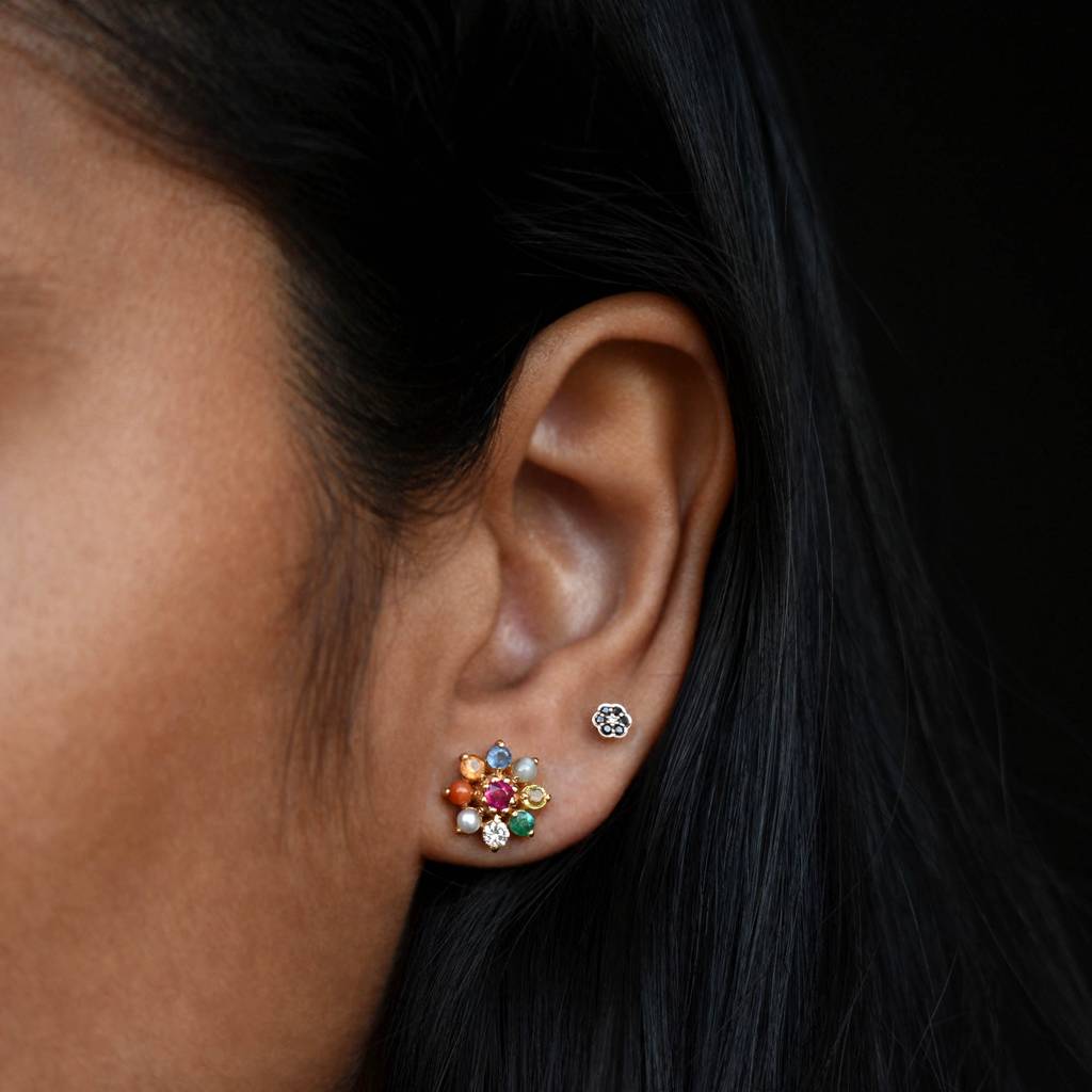 Navratan Diamond Diamond Earrings Studs In 14K Yellow Gold : T588-14Y-S-P