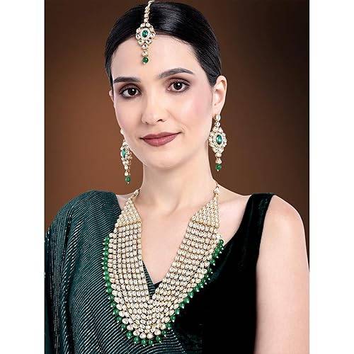 Kundan Pearl Maroon Layered Long Jewellery Necklace Set With Earring Maang Tikka Earrings For Women : PF25N1111G
