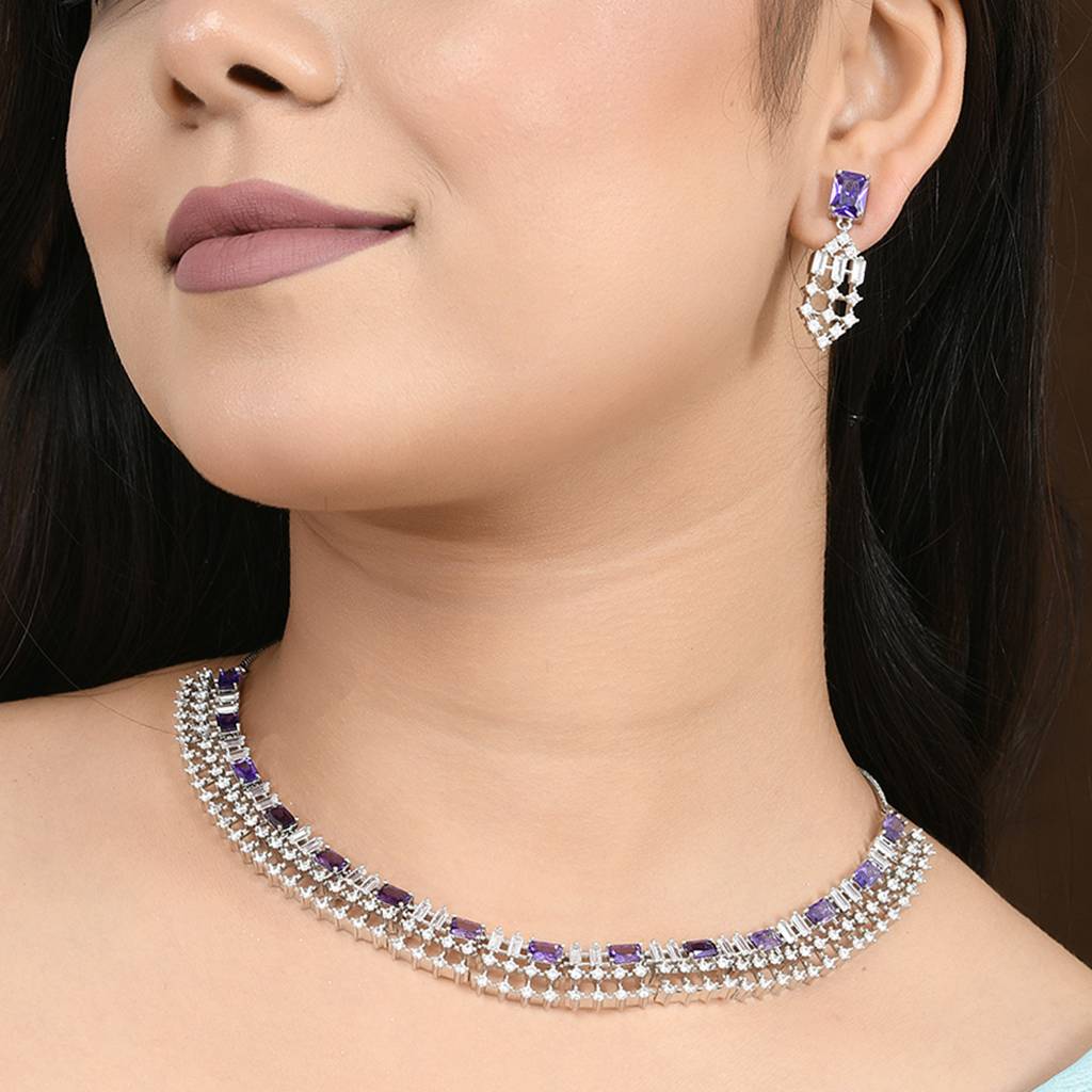Sparkling Elegance Glamorous Purple American Diamond Necklace Set : 8905124533033