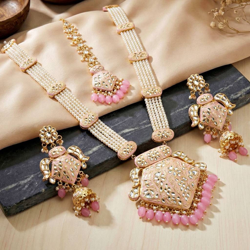 Traditional Turquoise Long Necklace Set For Women |Gold Plated Meenakari Bridal Jewellery Set With Earring : 2970-J5SK-2300-PK
