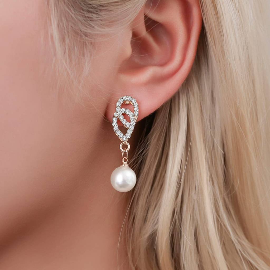 Gold Plated American Diamond & Pearl Studded Pendant Necklace Chain & Drop Earrings Set Stylish Jewellery Gift For W : PX8PS20