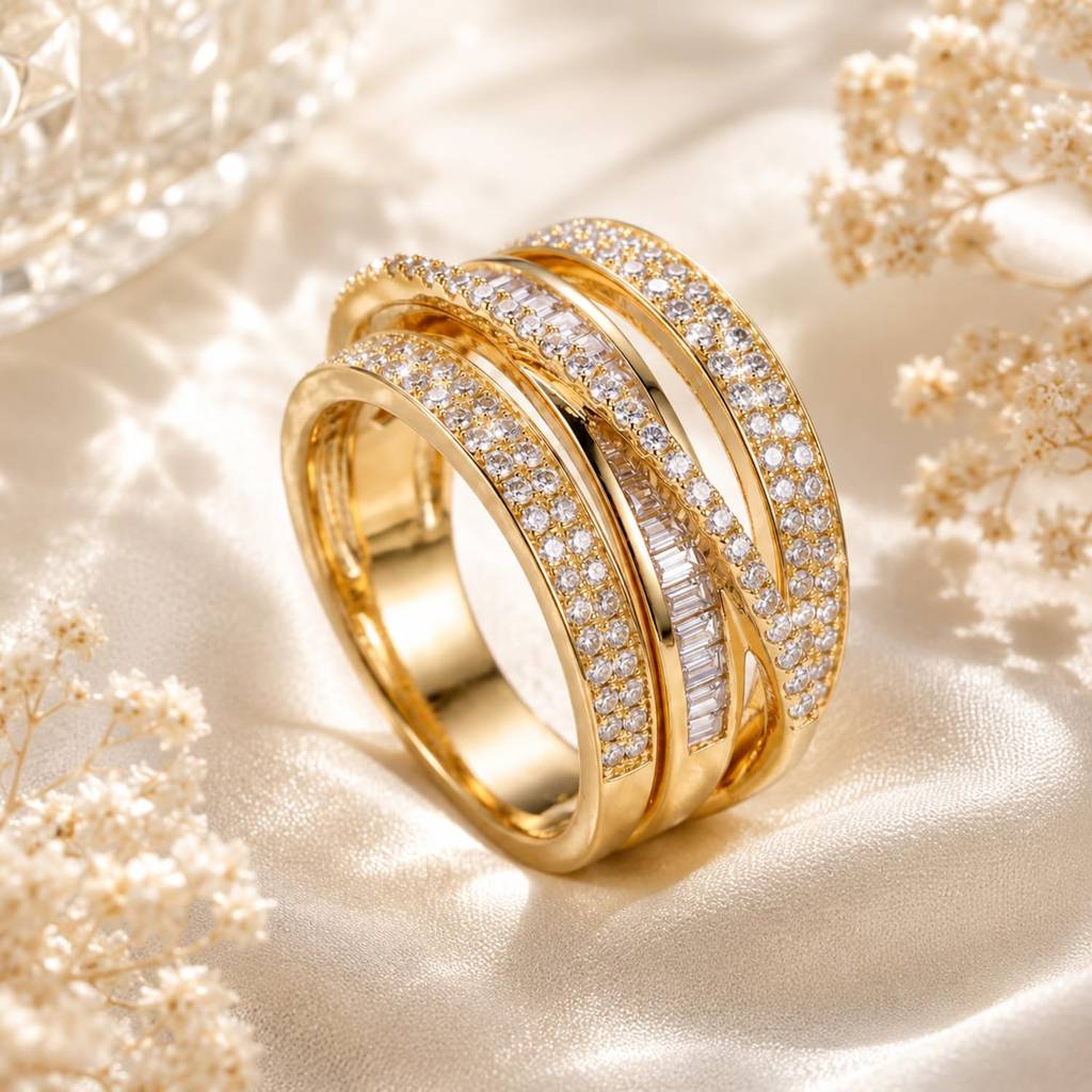 Fancy Gold Plated Spiral Finger Ring For Women Size - Us 7 Baguette Stone & Cz Studded Festive & Casual Wear Jewel : PX9R3052G