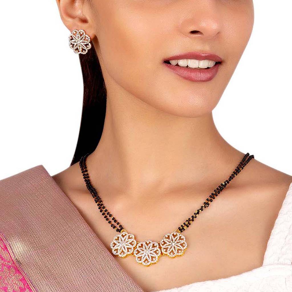 American Diamond Cz Golden Round Brass Black Beaded Mangalsutra With Earrings : 8905124429404
