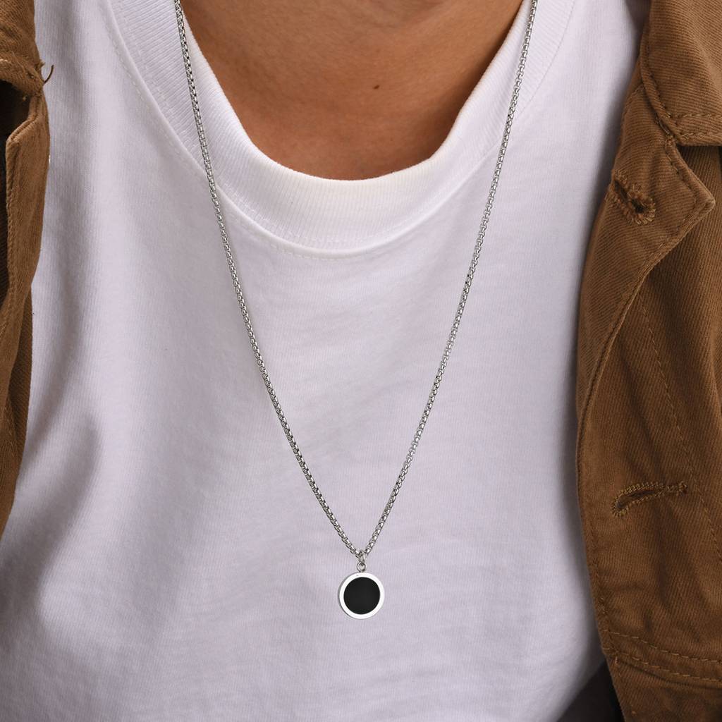 Black Round Pendant Chain Necklace For Men & Women | Silver Plated | Stylish Design Jewellery | Birthday Annivers : PX9CH110BL