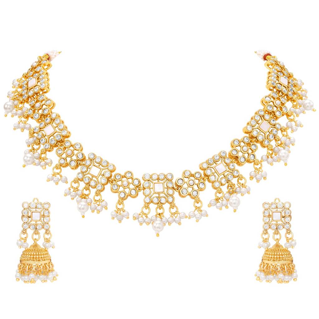 Gold Plated White Ethnic Necklace Earrings Set Jewellery For Women : PF104N30W