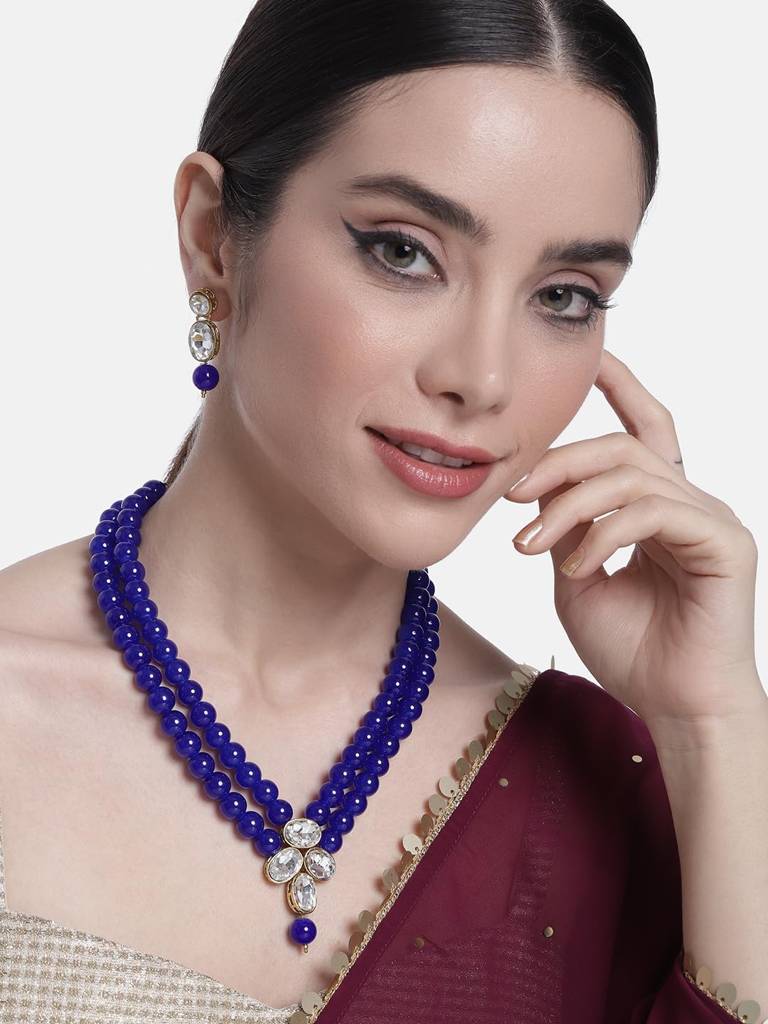 Gold Plated Blue Kundan Long Necklace Earring Indian Traditional Jewellery Set For Women : PF24N22B