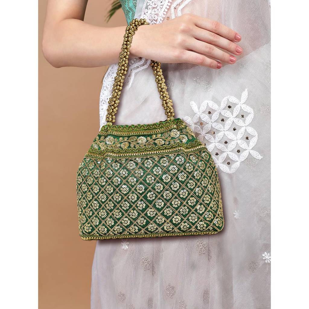 Green Patterned Potli Bag Ethnic Wristlet Purse For Women & Girls : P121GRN