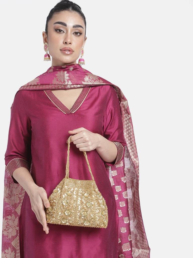 Gold Potli Bag For Women Handmade Evening Wristlet Handbag Stylish Bridal Purse Fashion Bag For Girls (P134G) : P134G