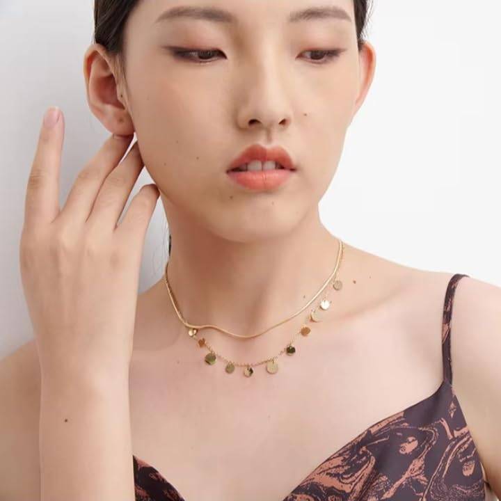 Diya Drop Disc Layered Necklace - Gold | 18K Gold Plated | Waterproof, Hypoallergenic & Anti-Tarnish : DSVDJY05250094