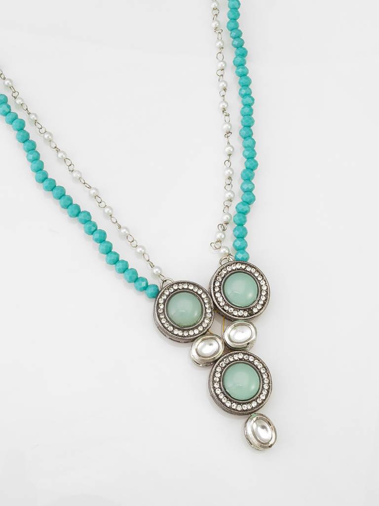 Teal Crystal Bead Double-Strand Necklace With Silver Pendant : NK4554