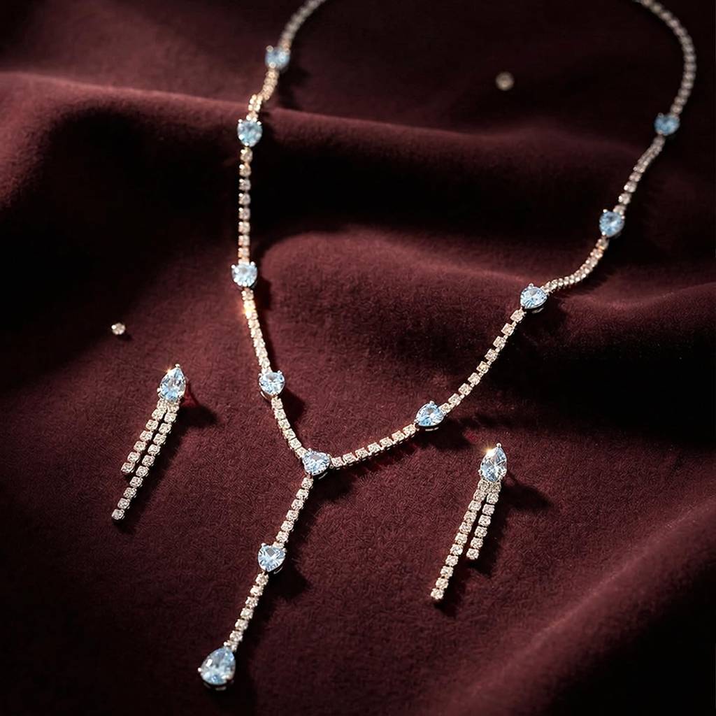 White Western Pendant Style Necklace Earrings Set For Women & Girls Cubic Zirconia Studded Fancy Design Festive Jew : PX9N190W