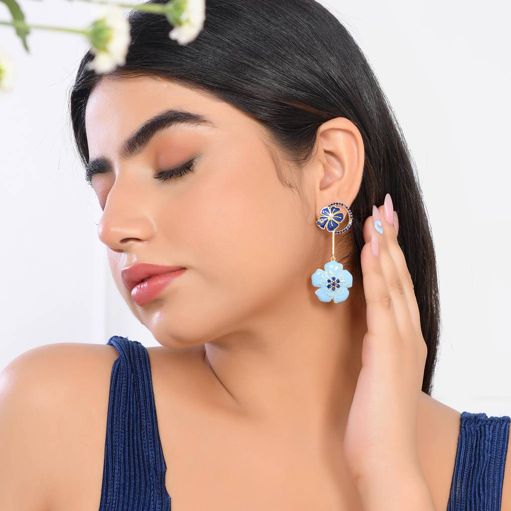 Flower Fantasy Ocean Blue Hibiscus Dangler Earrings : 8905124528787
