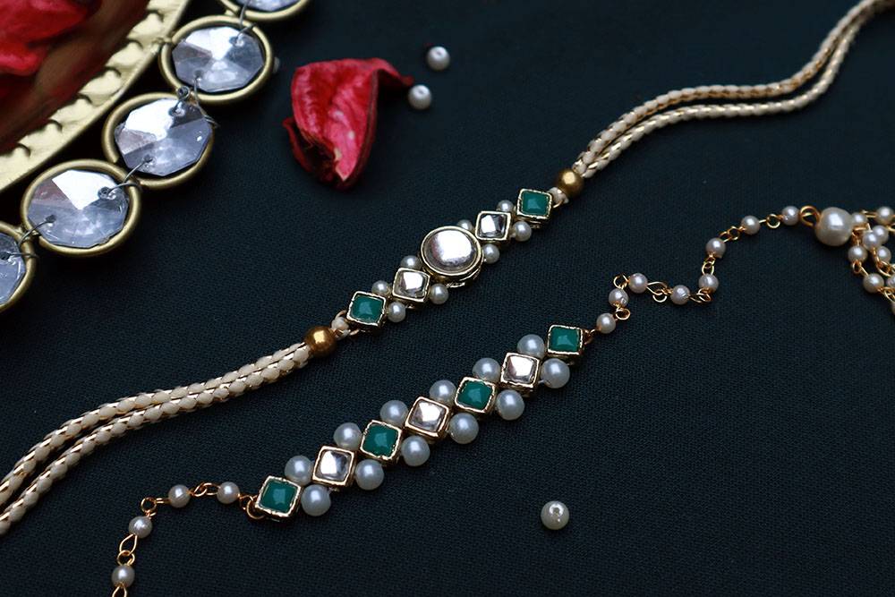 Round Kundan Rakhi And Lumba / Sister Rakhi Combo - Set Of 2 (Green) : PL7
