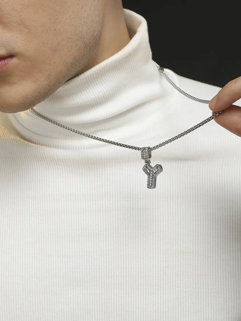 Men'S Embellished Alphabet Pendant Necklace - Silver : FANC1071-Y