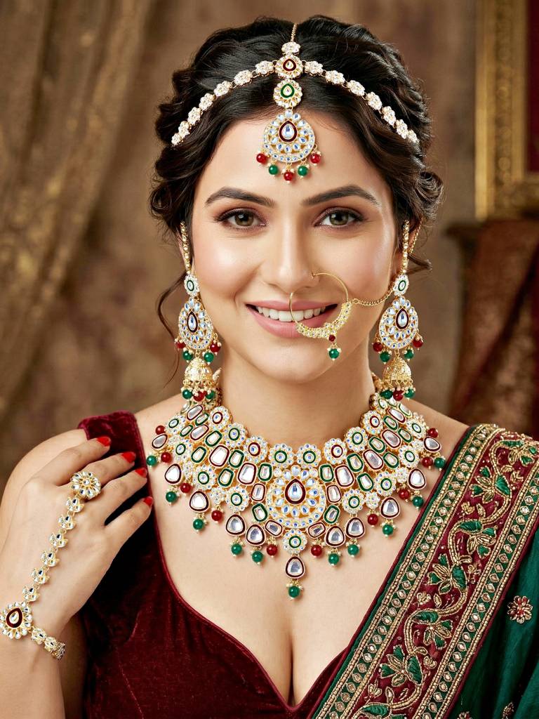 Bridal Kundan Jewellery Set With Hathphool & Nath : 2541-IZK-554-MG