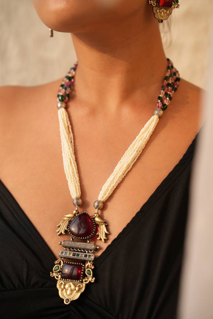 Avira Long Necklace Set With Maroon Gemstone And Peacock Pendant : 1018NKS25RM