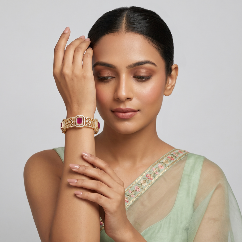 Exquisite Gold Plated Cz Diamond & Ruby Broad Bangle | Traditional Indian Bridal Kada For Women : TP2482R_2-4