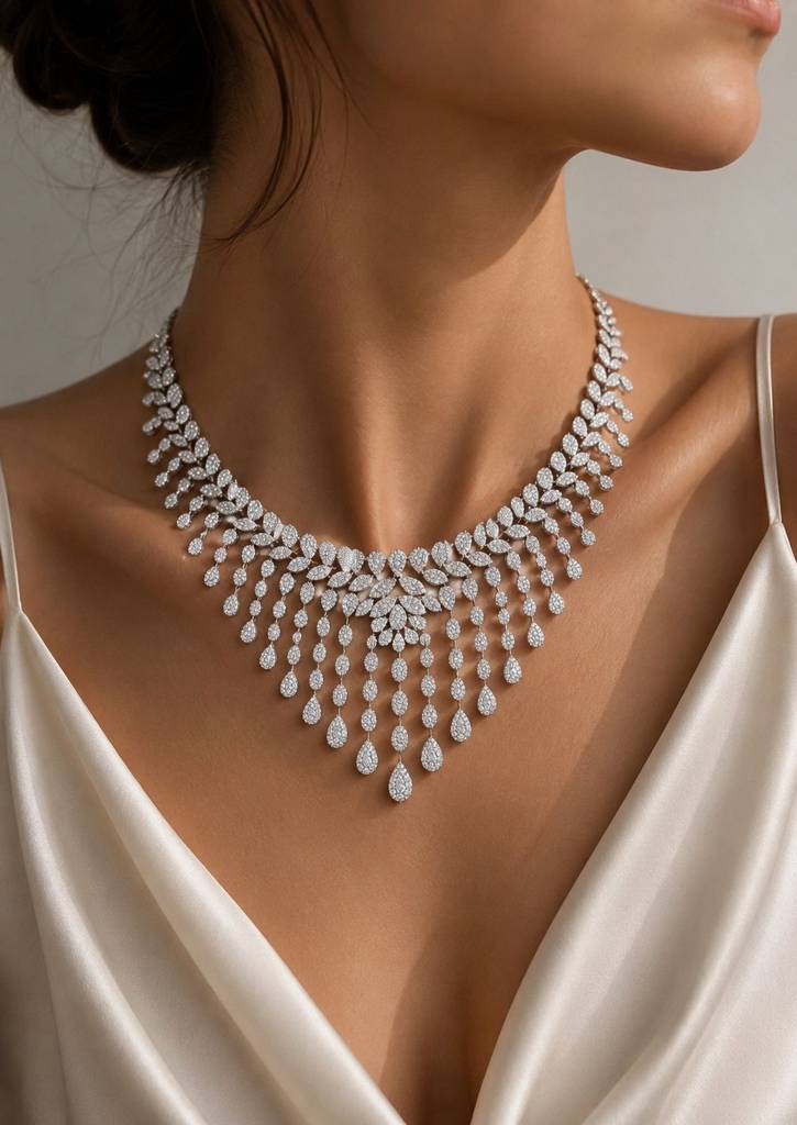 925 Silver Bridal Pressure Setting Necklace Set With Matching Earrings | Luxury Cz Wedding Jewellery Set For Women : TNS9118