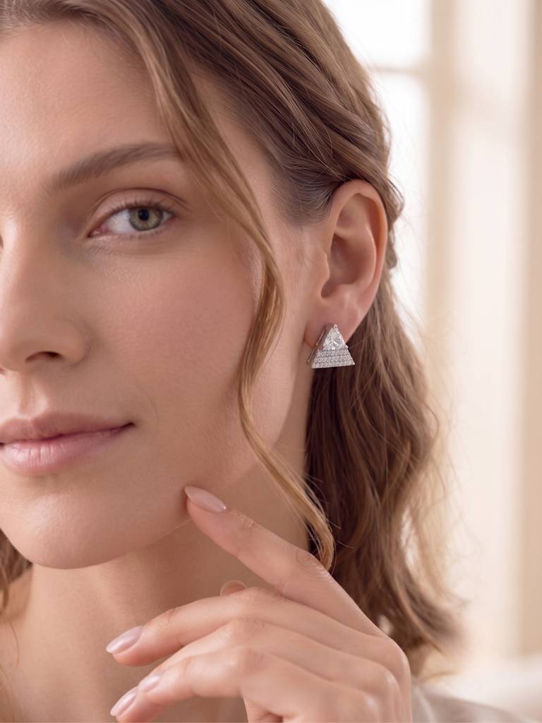 925 Silver Triangle Sparkle Stud Earrings For Women : E-14