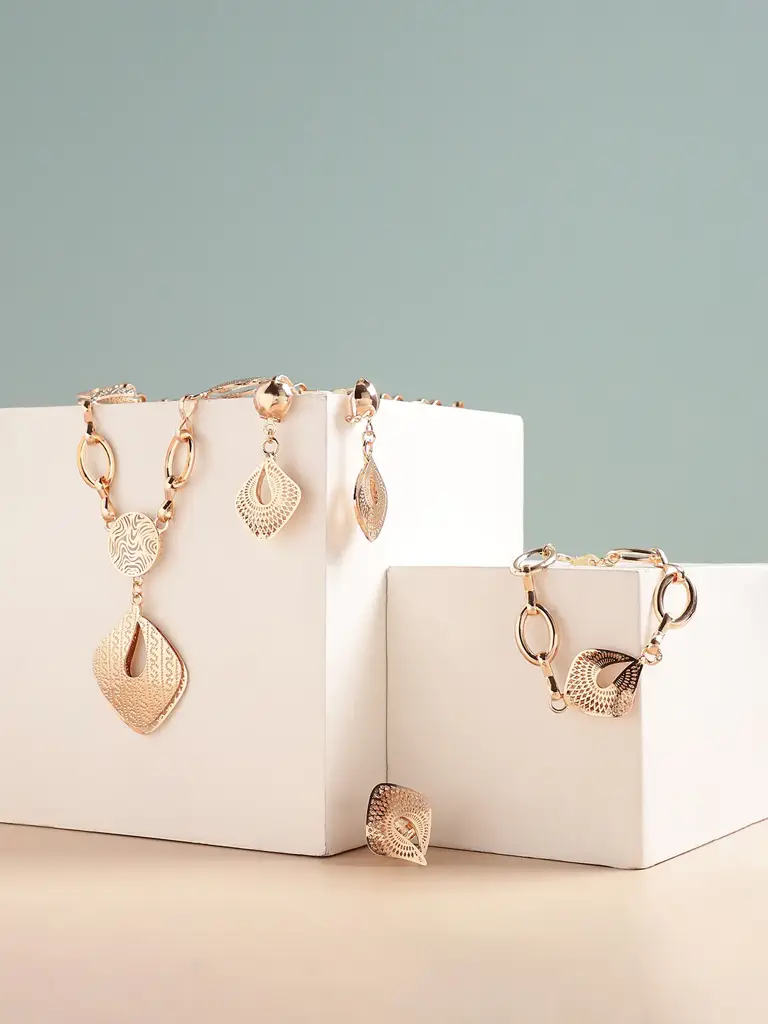 Eva-Gold Plated Designer Stone Necklace, Earring, Ring And Bracelet Set : SOHNCK7221