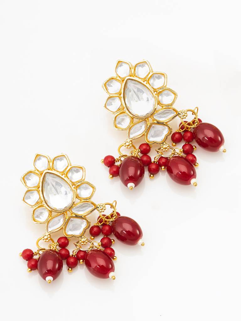 Red Kundan Meenakari Long Necklace Set With Cream Pearl Beads And Ruby Drop Earrings For Wedding Special : NK4094