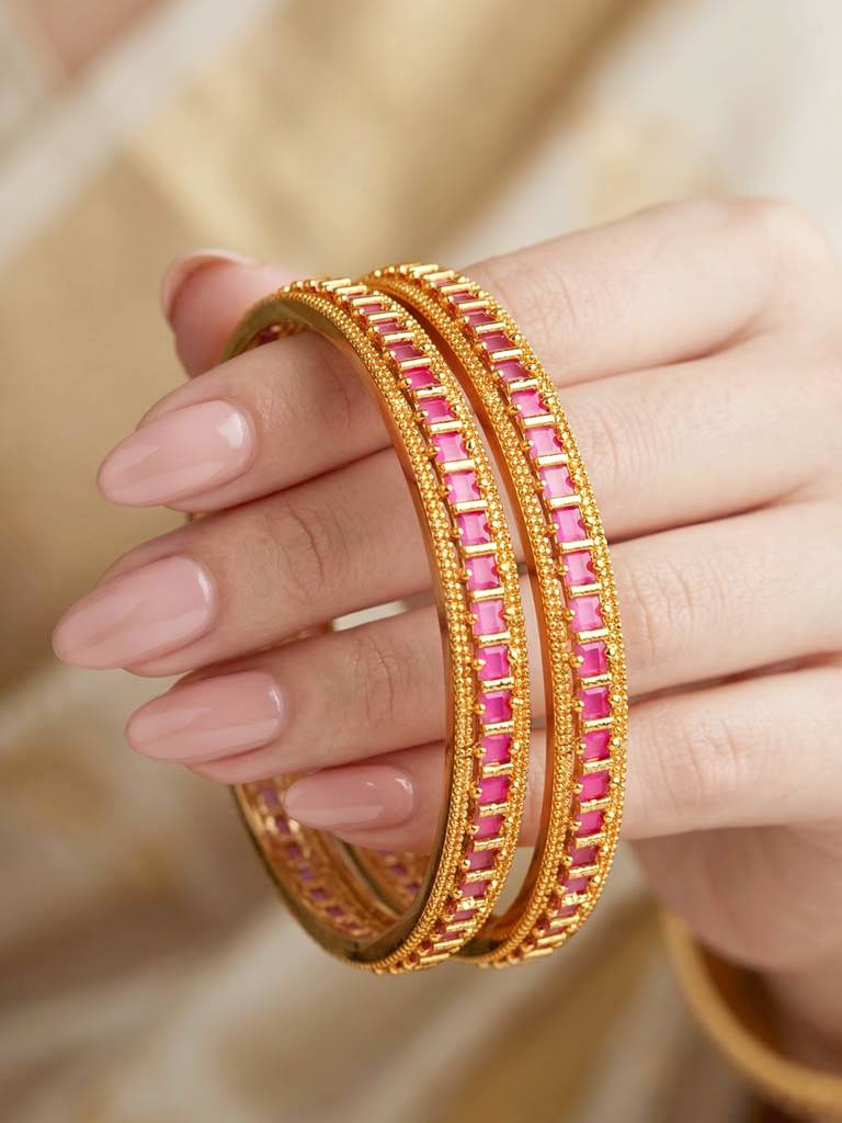Gold Plated Temple Style Magenta Stone Bangle For Women | Elegant Ethnic Wedding Festive Kada Jewellery : 945-C1BG-2212-2-24