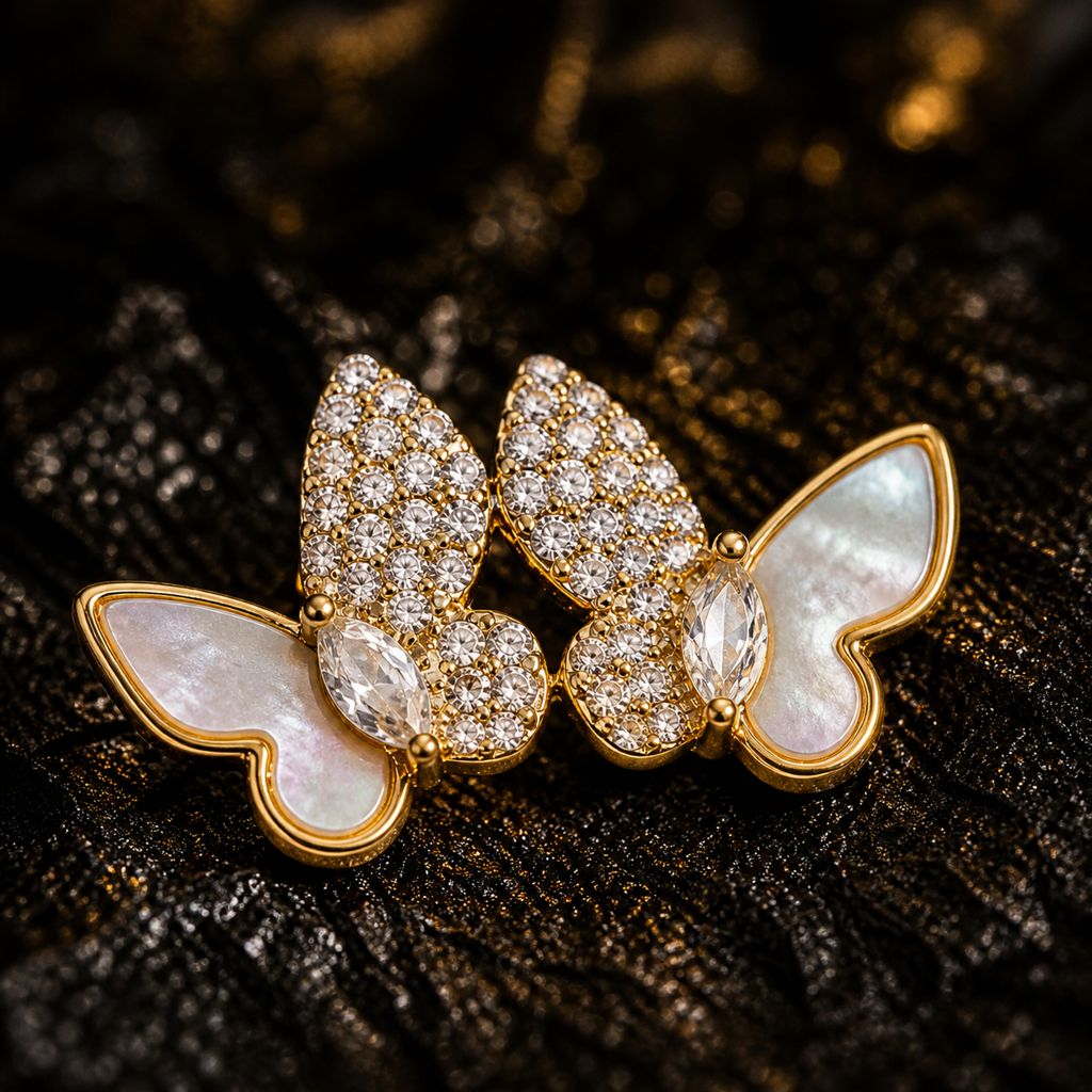 925 Sterling Silver With 22K Gold Plated Dual Wing Butterfly Mother Of Pearl Earrings : SMK-W-ER-044