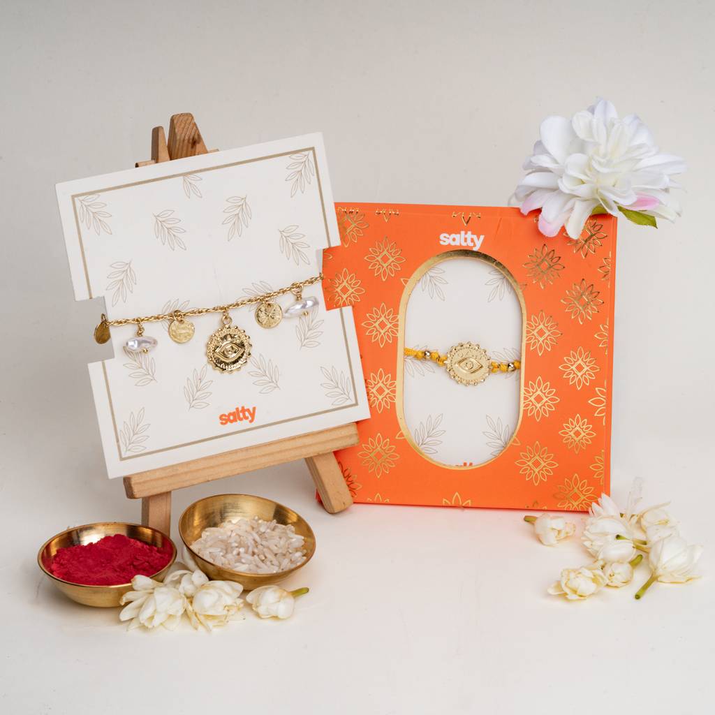 Pearl Evil Eye Gold And Yellow Rakhi Bandhan Lumba Rakhi For Bhaiya And Bhabhi : BS14928-1228-YL-G-WT-BB-SL-OR