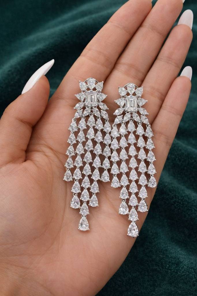 Premium American Diamond Drop Solitaire Womens Chandeliar Long Party Earrings : 100012