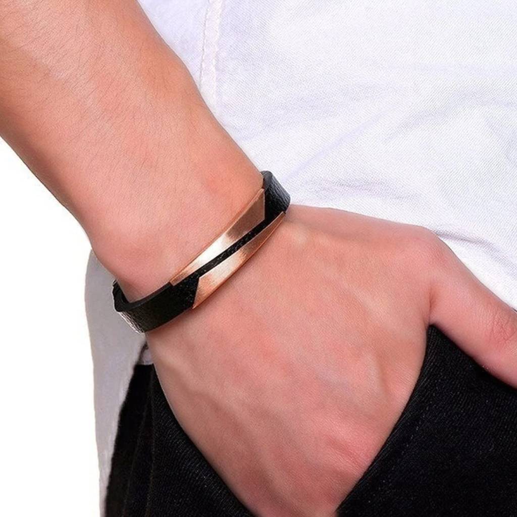 Black Synthetic Leather With Rose Gold Plated Metal Bracelet Stylish Design Fashion Casual Jewellery Gift For Men & : PX9LB34C